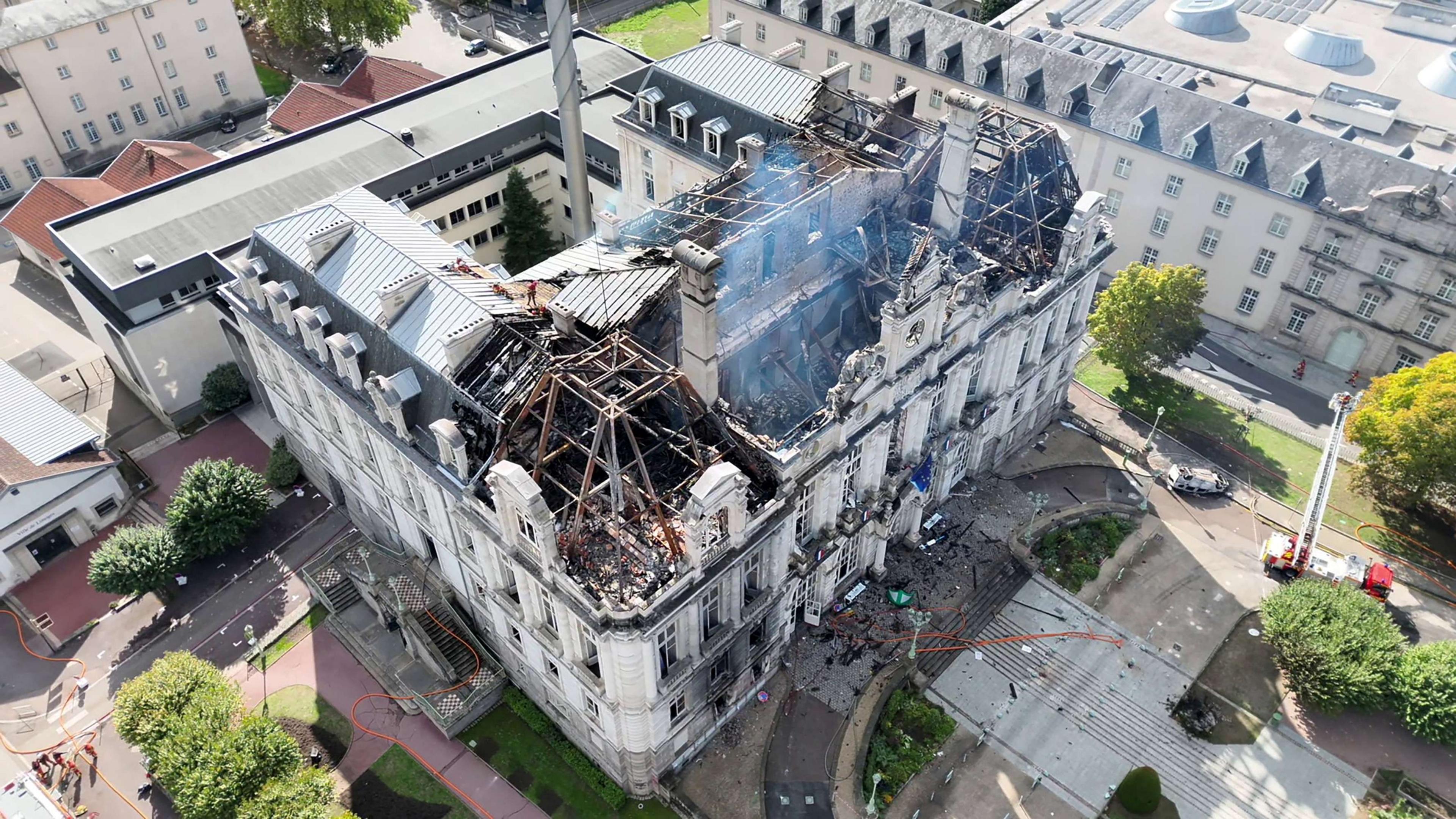 Burnt roof of Limoges city hall after fire