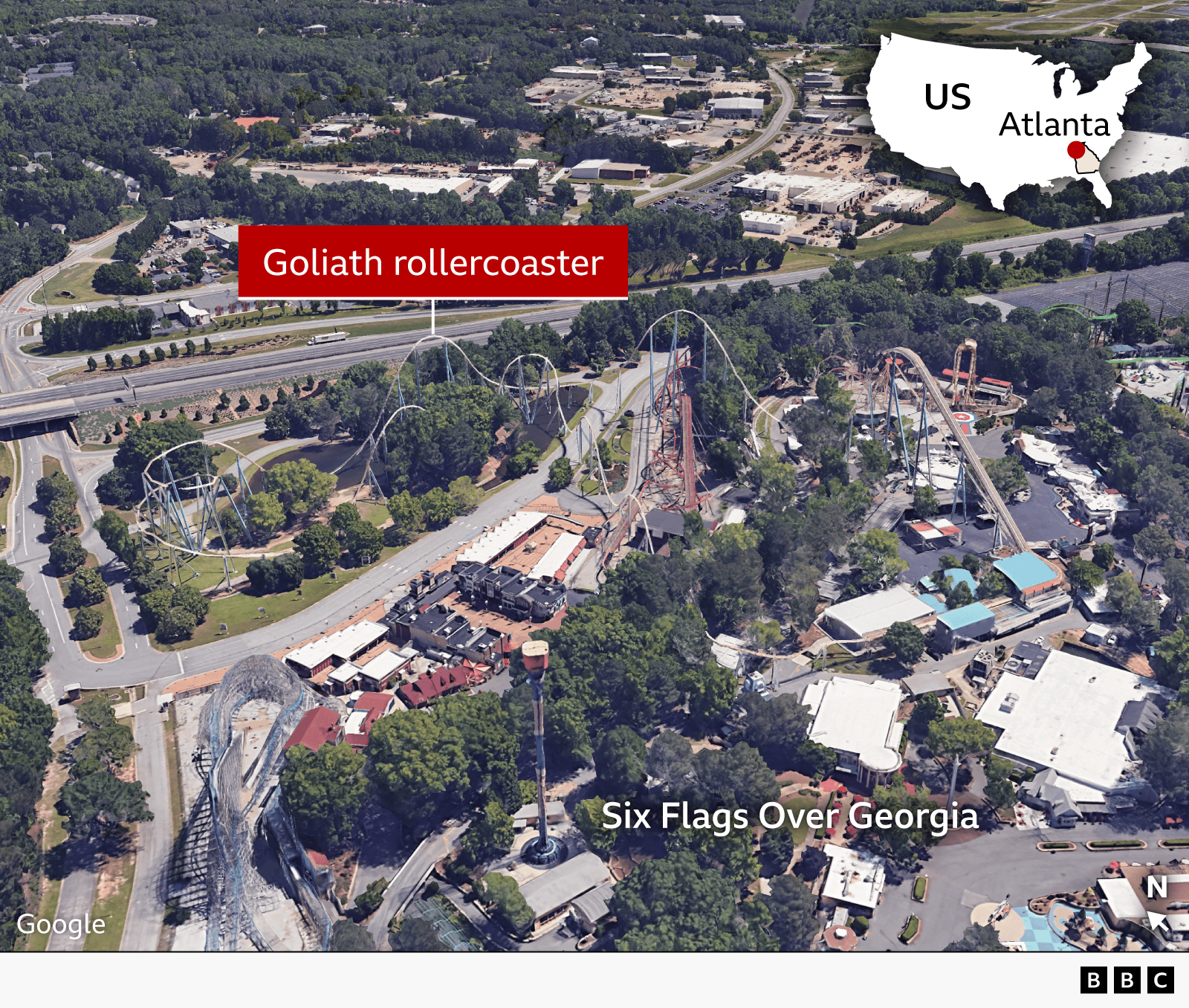 An annotated aerial image shows the Goliath rollercoaster located within the Six Flags Over Georgia amusement park.