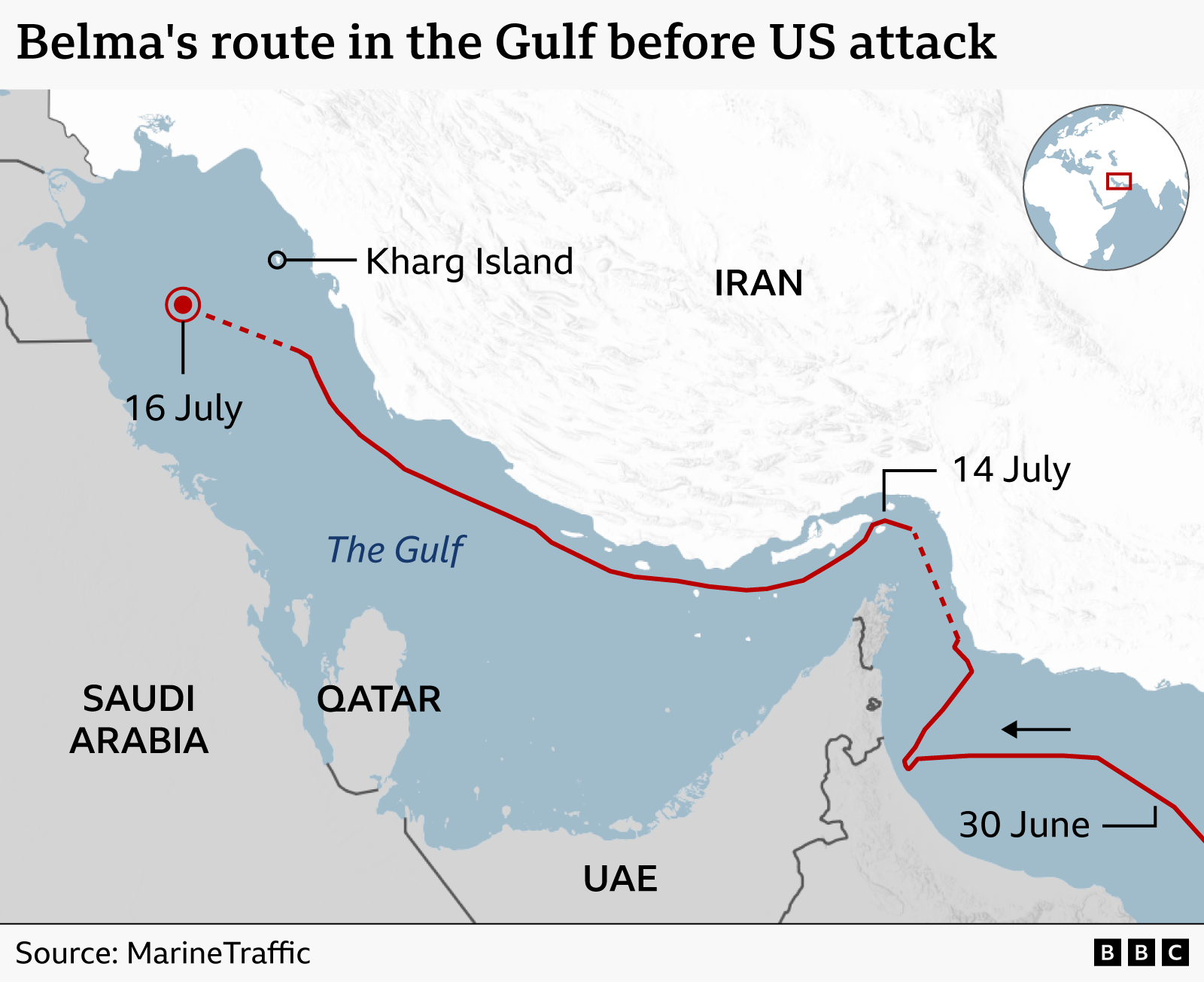 Map of the Gulf showing the Belma route