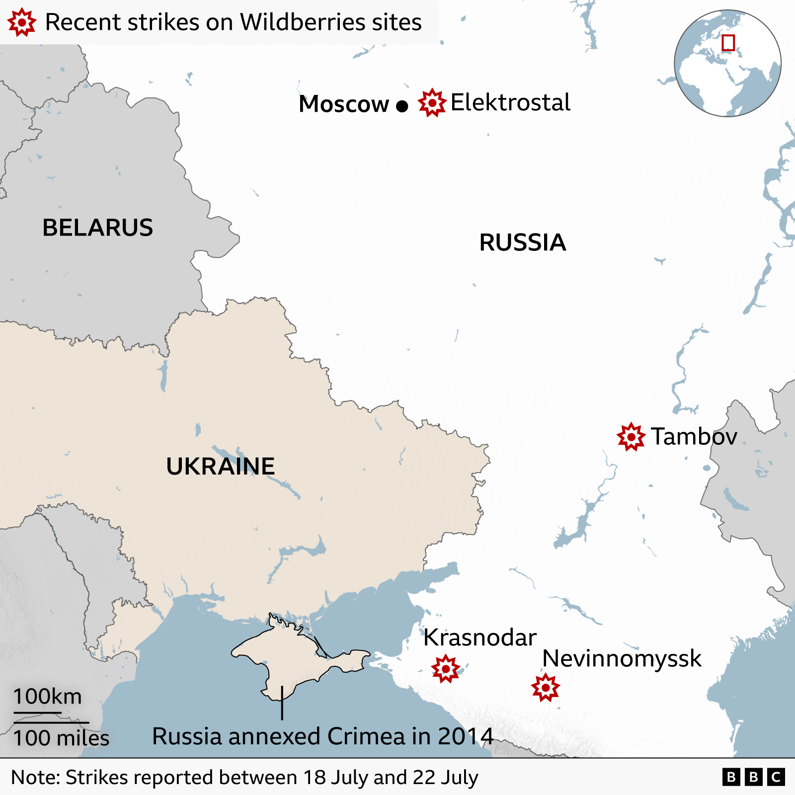 Map of eastern Europe highlighting Wildberries sites hit