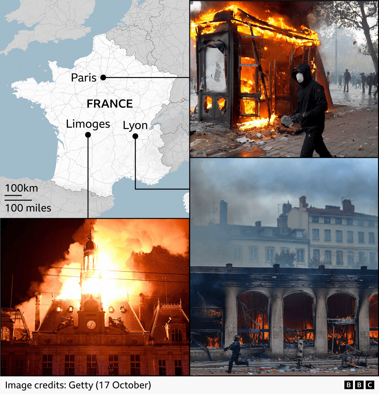 Map of France highlighting Paris, Lyon and Limoges amid images of unrest